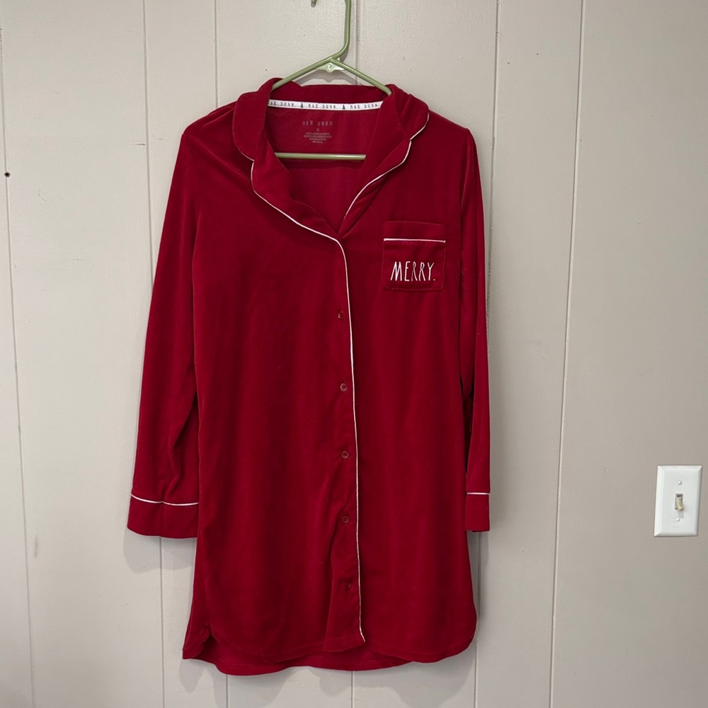 Rae Dunn Red Velvet Nightshirt with White Piping and 'MERRY' Pocket